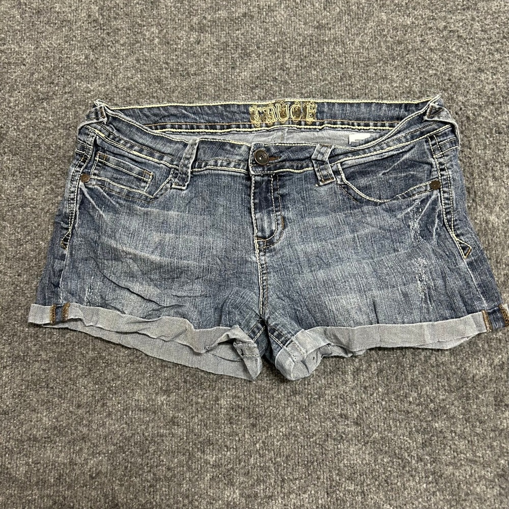 Truce Shorts Womens Size 17 Blue Denim Ramie Cotton Cuffed Embroidered Stretch